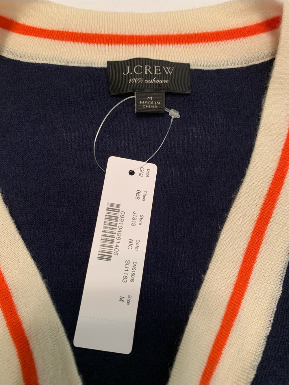 J. Crew Navy V-Neck Sweater with Cream and Orange Trim - Picture 2 of 4